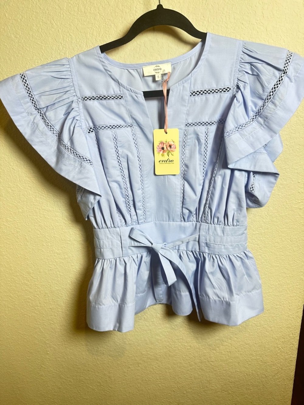 entro Light Blue Ruffled Sleeve Tie-Waist Blouse